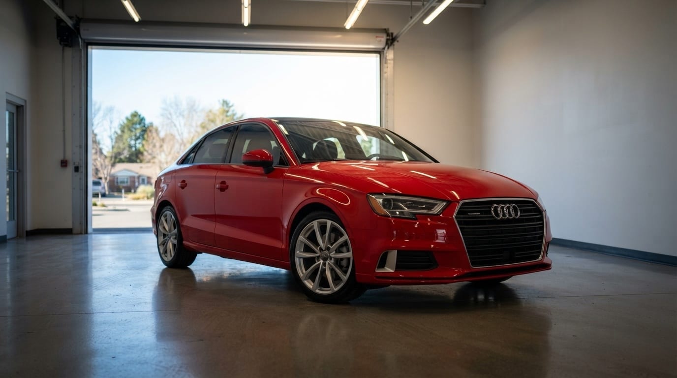 Front three-quarter view of the Tango Red 2017 Audi A3 quattro